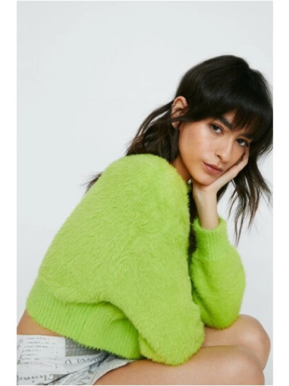 Anthropologie Neon Green Fuzzy Cropped Crewneck Sweater